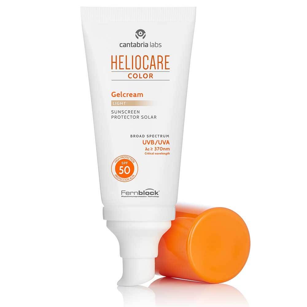 Heliocare Color Gelcream light SPF 50. Tube blanc. Couvercle orange. Texte et logo. Couvercle à côté.