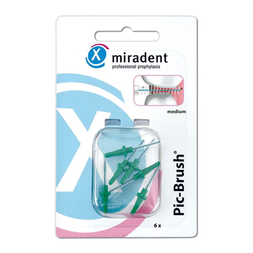 Emballage de rechange Pic-Brush vert. Six pièces dans un blister transparent. Marque : miradent.