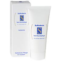 Tube et boîte blanches. Inscription : Sulfoderm, Teint Nachtpflege, sans parfum. Logo : S bleu.