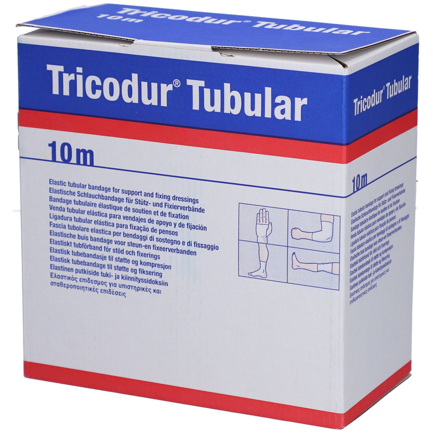 Emballage Tricodur® Tubular. Boîte bleue et blanche avec nom du produit et indication 10m. Illustrations.