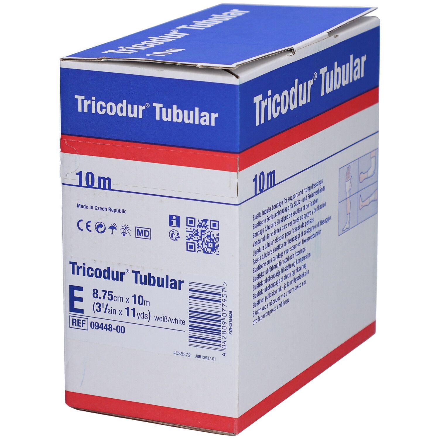 Emballage Tricodur® Tubular. Boîte bleue et blanche avec nom, taille et 10m. Marquage CE.
