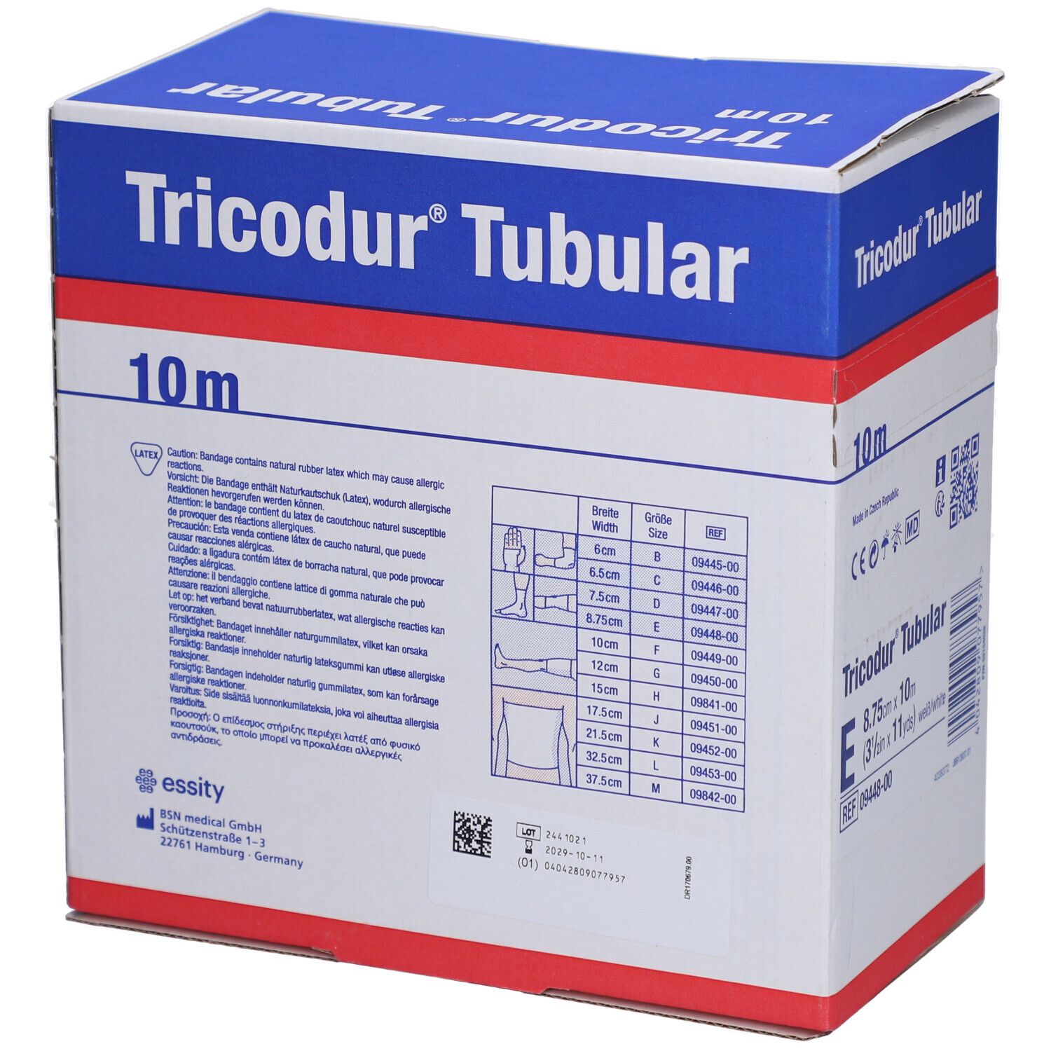 Emballage Tricodur® Tubular. Boîte bleue et blanche avec nom, tailles et 10m. Tableau des tailles.