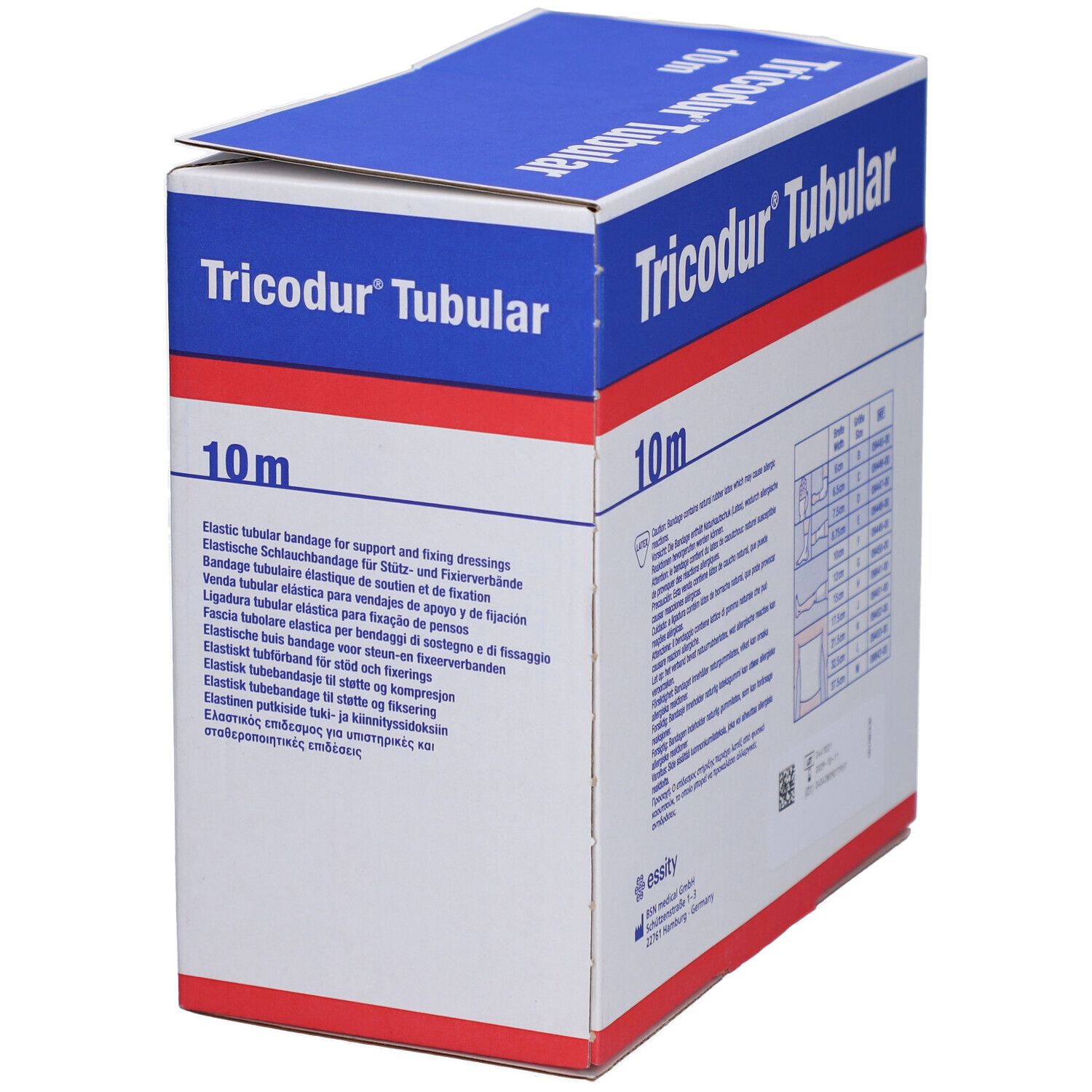 Emballage Tricodur® Tubular. Boîte bleue et blanche avec nom du produit et indication 10m. Texte multilingue.