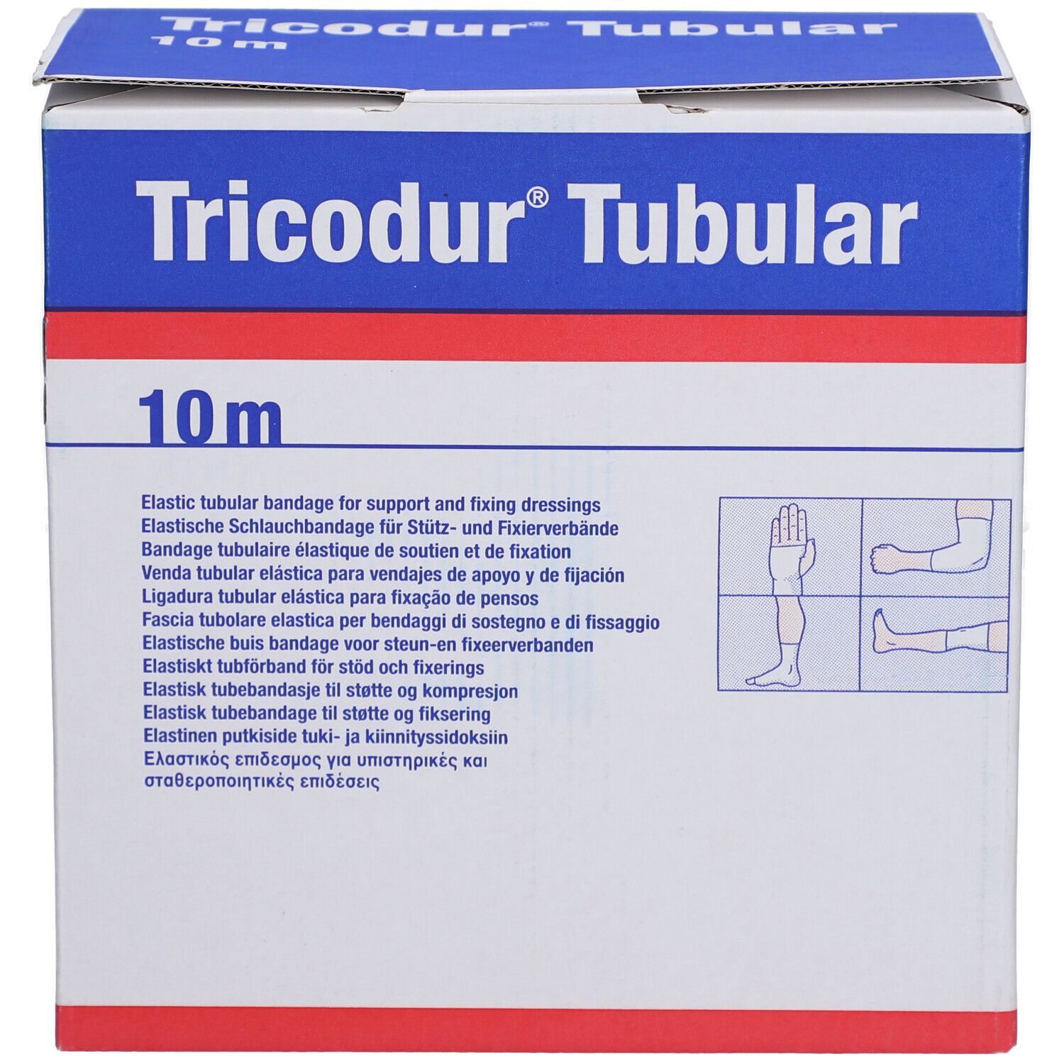 Emballage Tricodur® Tubular. Boîte bleue et blanche avec nom et 10m. Texte multilingue et illustrations.