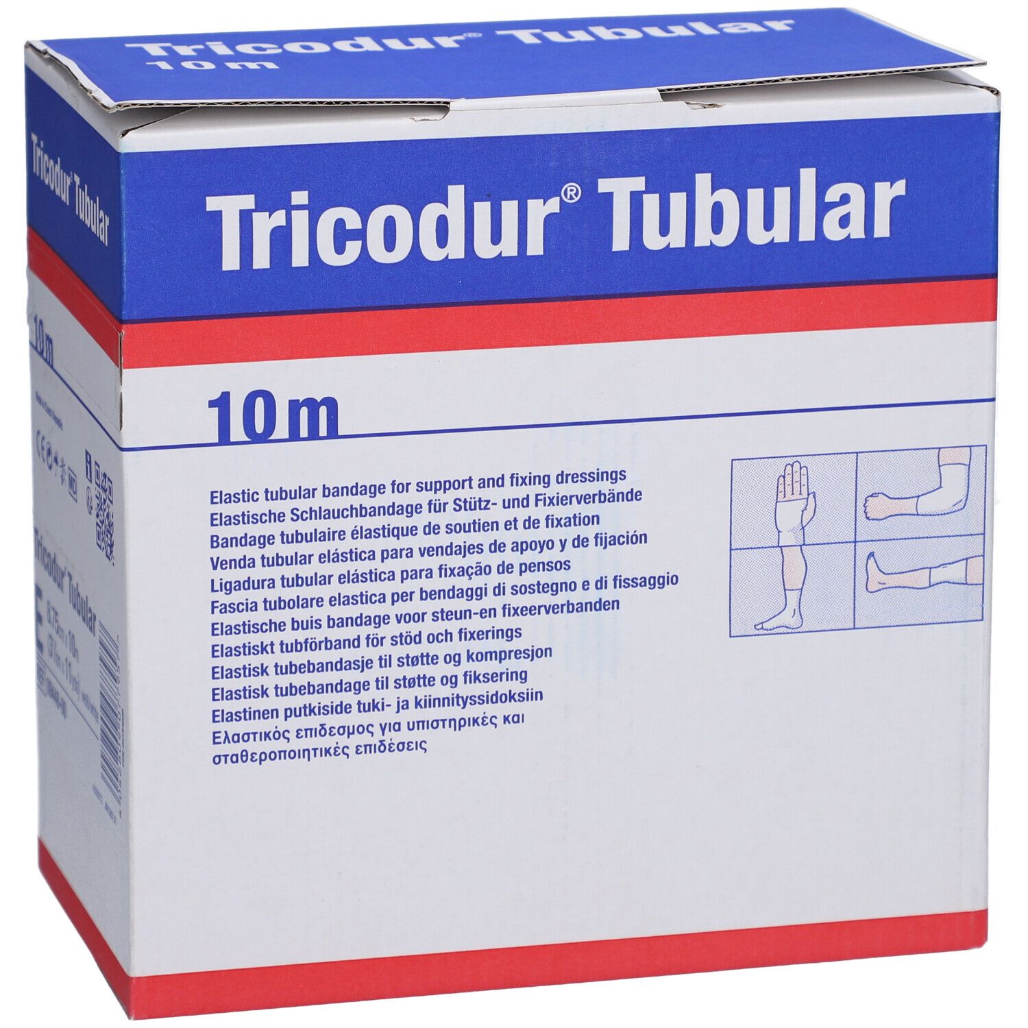 Emballage Tricodur® Tubular. Boîte bleue et blanche avec nom et 10m. Texte multilingue et illustrations.