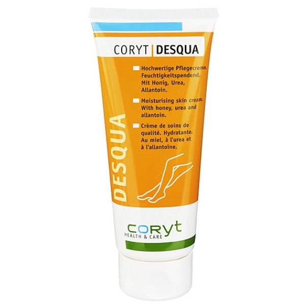Tube de crème CORYT DESQUA, orange et blanc. Texte : Hydratant, avec miel, urée, allantoïne. Logo CORYT HEALTH & CARE. Illustration : jambes.