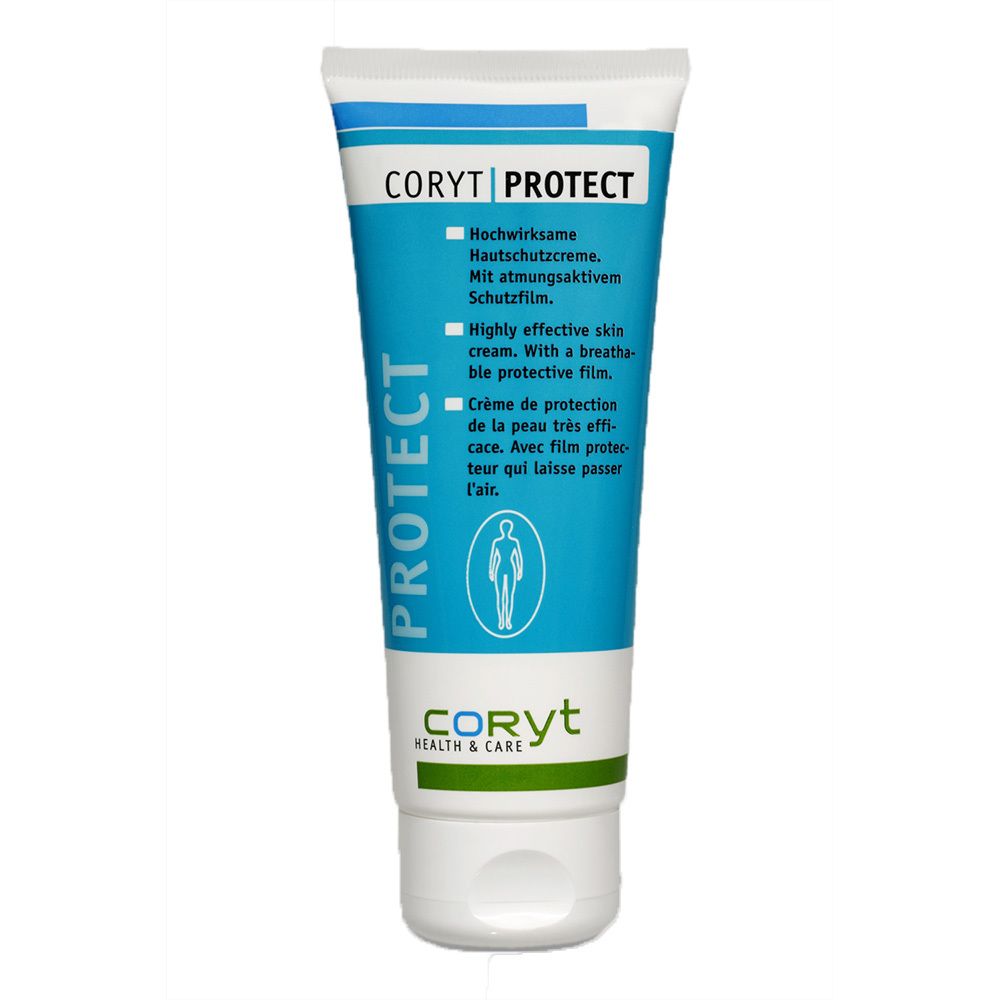 Tube de crème avec texte bleu et blanc. Texte: CORYT PROTECT, crème protectrice cutanée. Inscription verte: CORYt HEALTH & CARE.