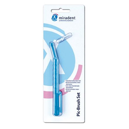 Emballage blister avec Pic-Brush Set bleu. Comprend un manche et une brosse. Marque : miradent.