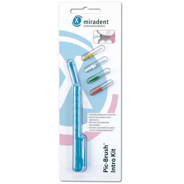 Kit Pic-Brush Intro bleu avec quatre brosses colorées et un manche bleu. Emballage avec logo et texte du produit.