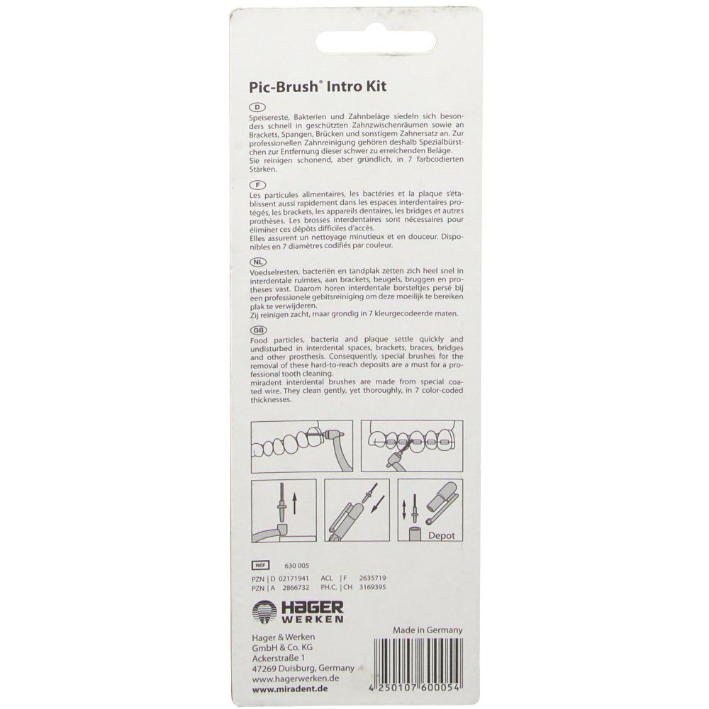Dos de l'emballage du kit Pic-Brush Intro. Texte multilingue, illustrations et informations du fabricant.
