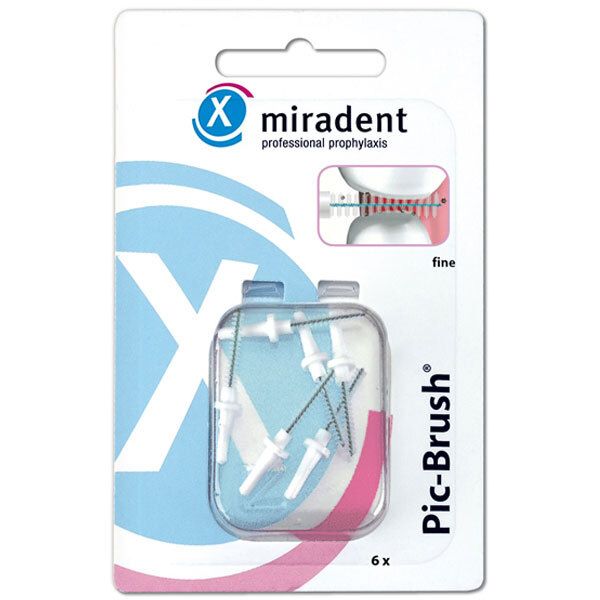 Emballage de six brosses interdentaires. Manches blancs, soies grises. Marque miradent, nom du produit Pic-Brush.