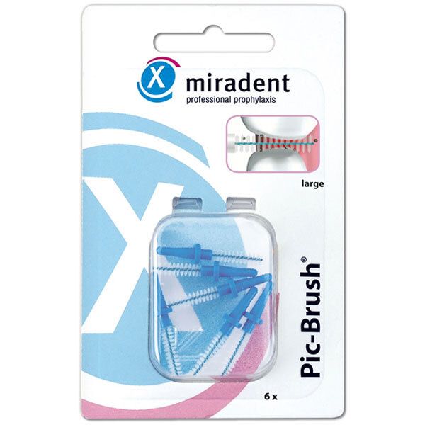 Emballage blister avec brosses interdentaires bleues. "miradent" et "Pic-Brush" sont visibles. "large" et "6 x" sont également indiqués.