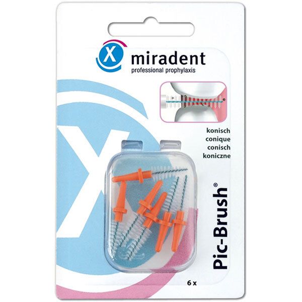 Emballage de brosses interdentaires oranges. Six brosses dans une boîte en plastique transparente. Marque : miradent Pic-Brush.