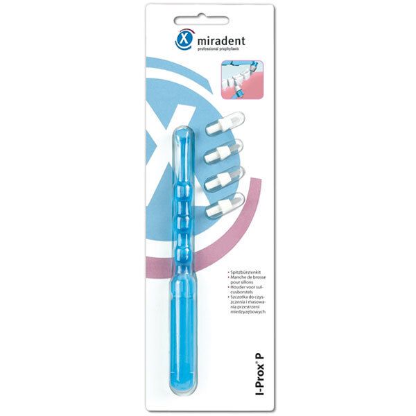 Manche bleu transparent avec têtes de brosse remplaçables. Emballage avec image du produit et nom de la marque.