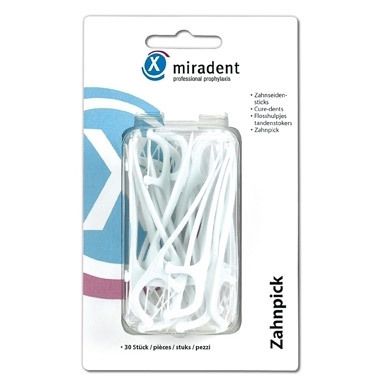 Emballage de miradent Zahnpick blancs. 30 pièces. Visible: Zahnpick, bâtonnets de fil dentaire, Cure-dents, Flosshulpjes, Tandstokers.