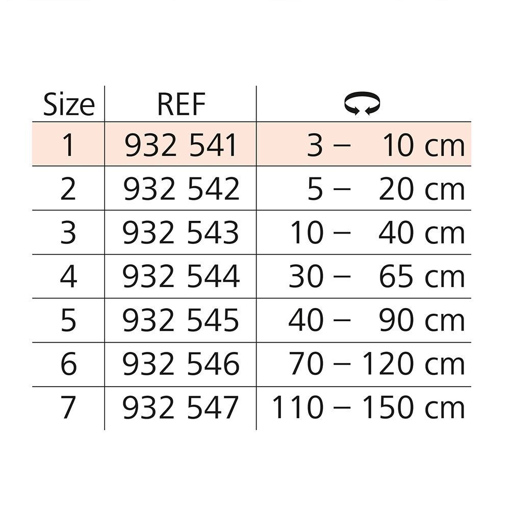 Tableau des tailles pour Stülpa-fix. Tailles 1-7. Diamètres de 3-150 cm. Numéros de référence.