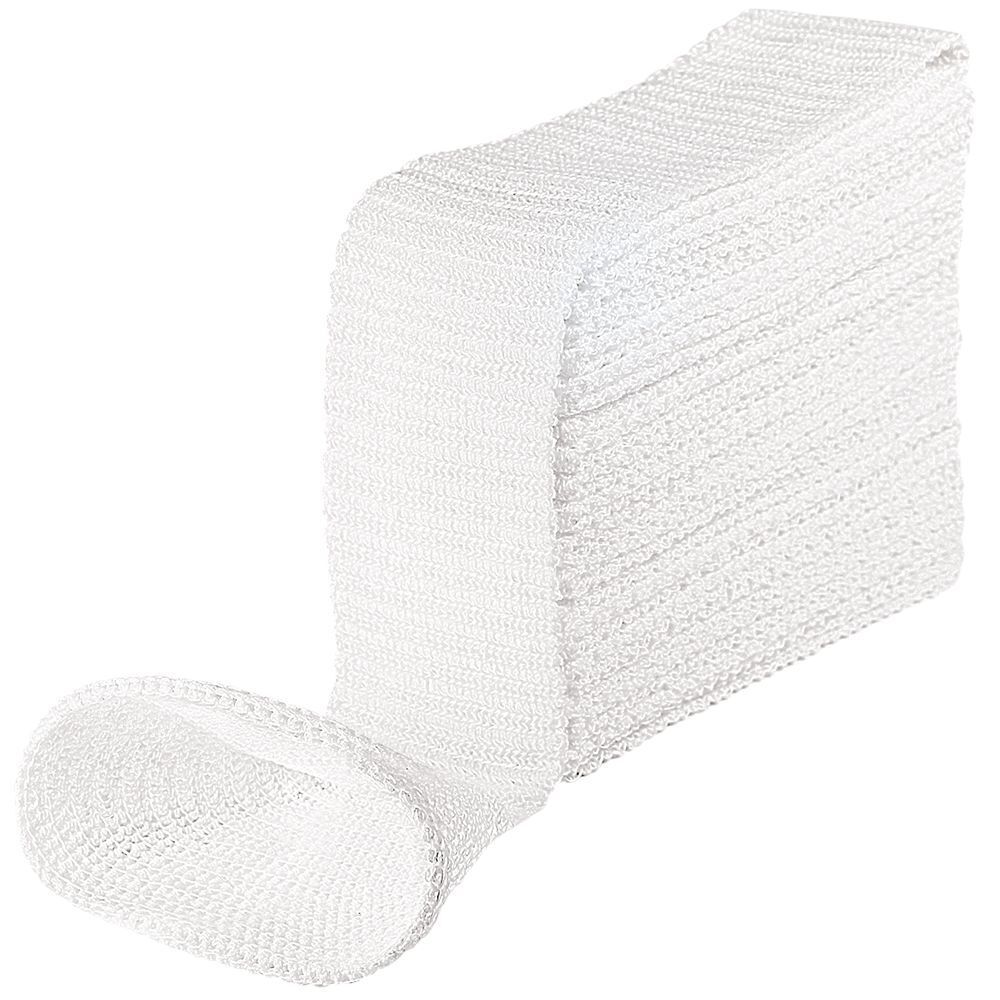 Bandage tubulaire en filet blanc. Extrémité ouverte. Matériau tissé. Nom du produit non visible.