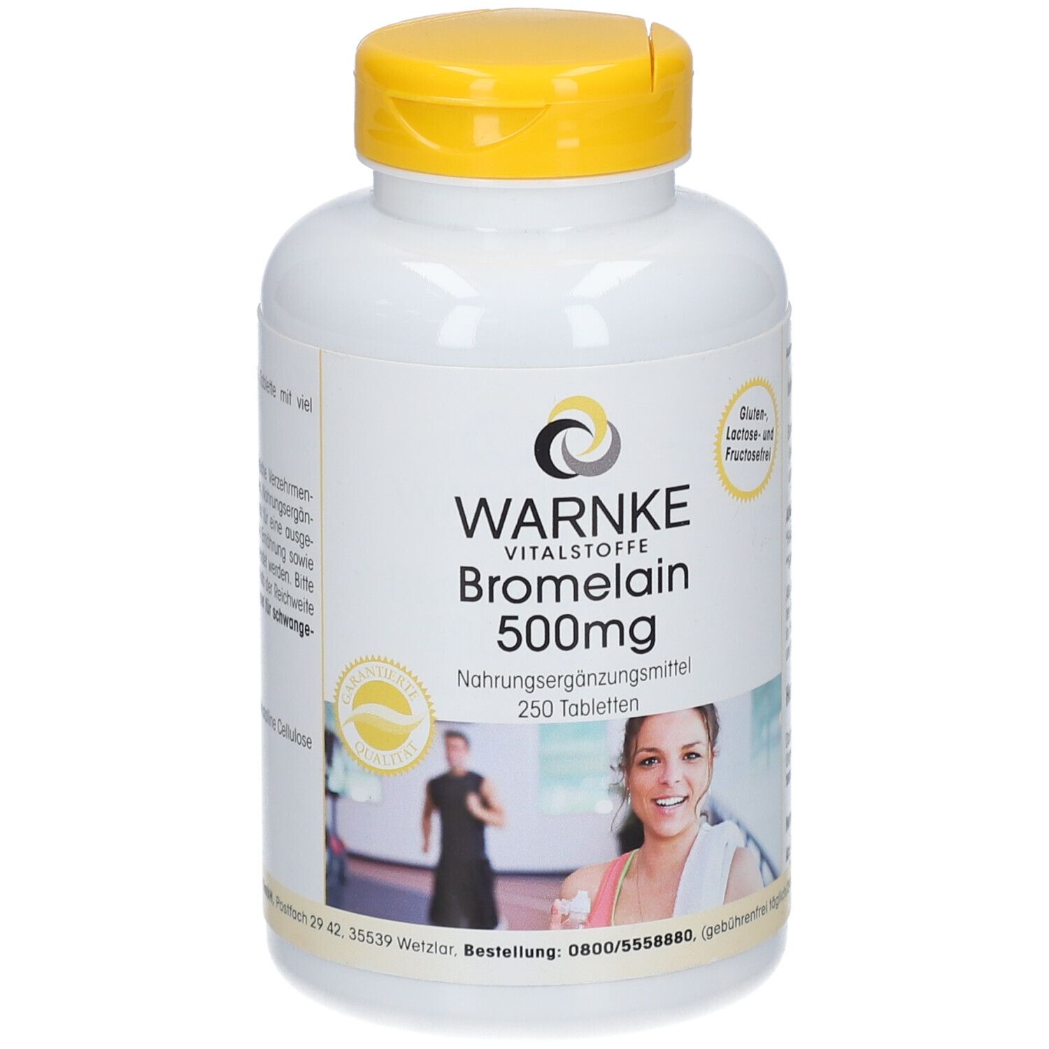 Flacon blanc à bouchon jaune. Inscription: WARNKE Bromélaïne 500mg, 250 comprimés. Image d'une femme et d'un homme.