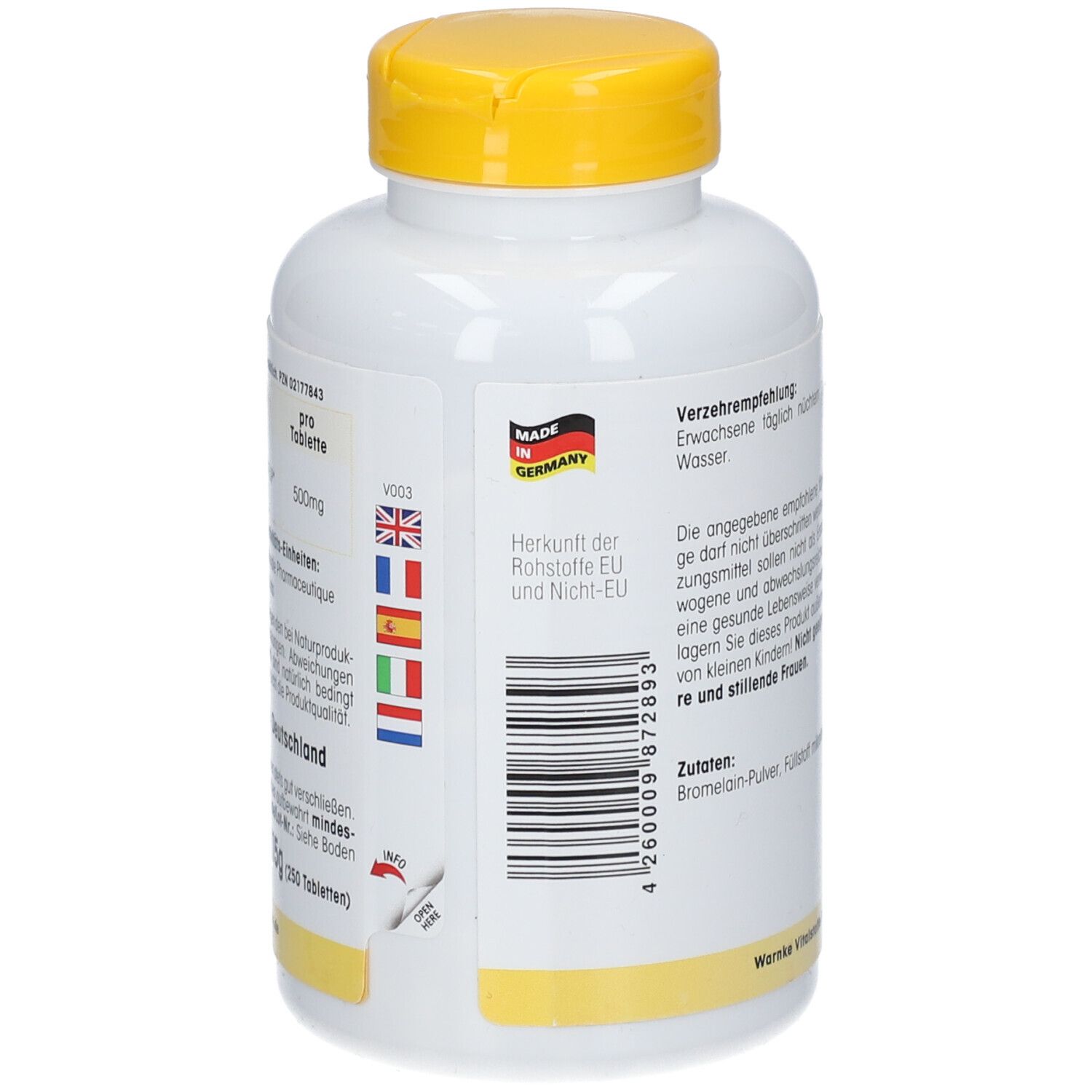Dos d'un flacon blanc à bouchon jaune. Code-barres, origine UE. Fabriqué en Allemagne. Drapeaux.