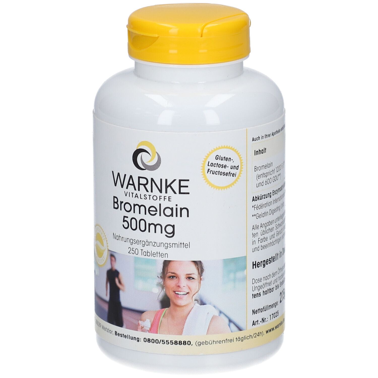 Flacon blanc à bouchon jaune. Inscription: WARNKE Bromélaïne 500mg, 250 comprimés. Texte: Sans gluten, lactose et fructose.