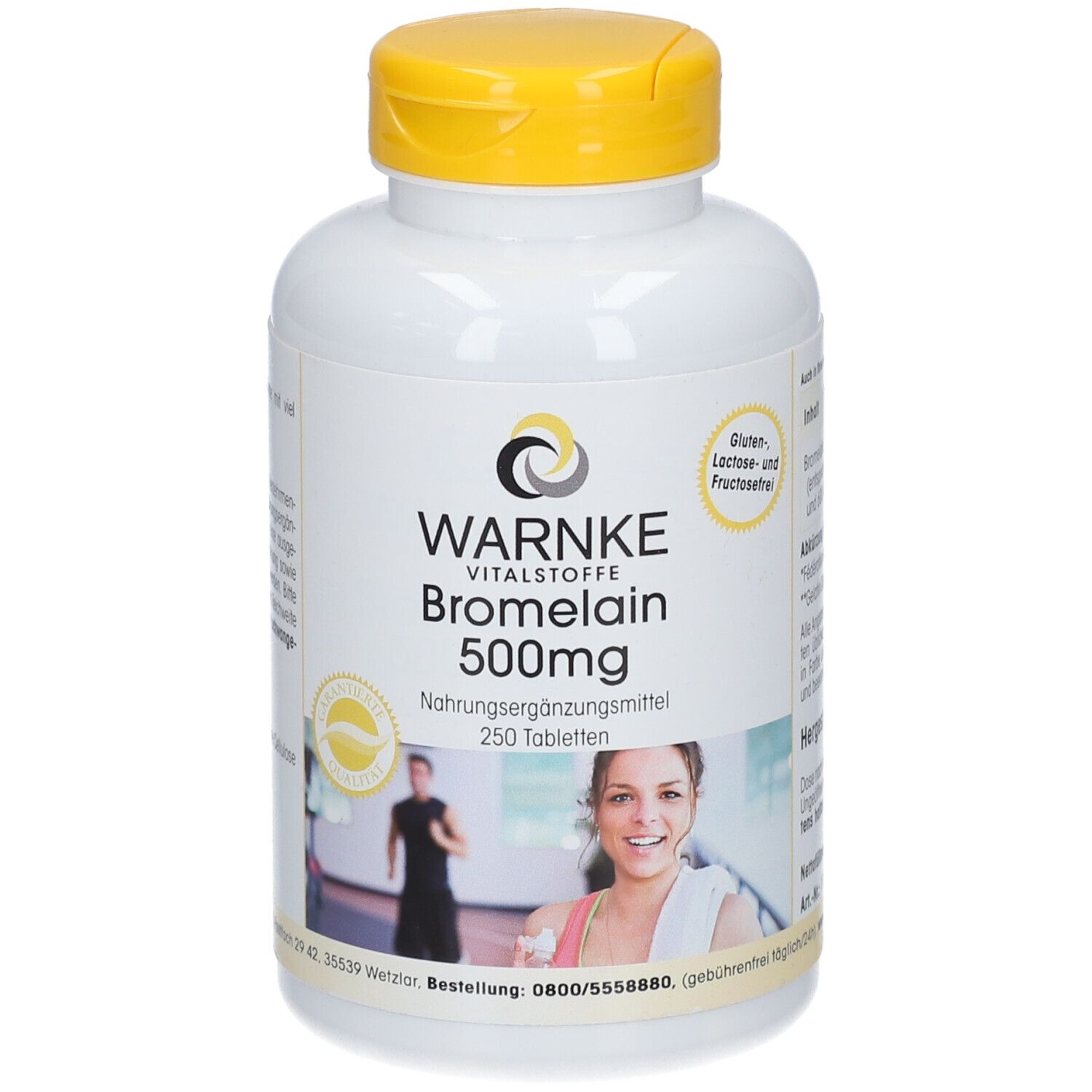 Flacon blanc à bouchon jaune. Inscription: WARNKE Bromélaïne 500mg, 250 comprimés. Image d'une femme et d'un homme.