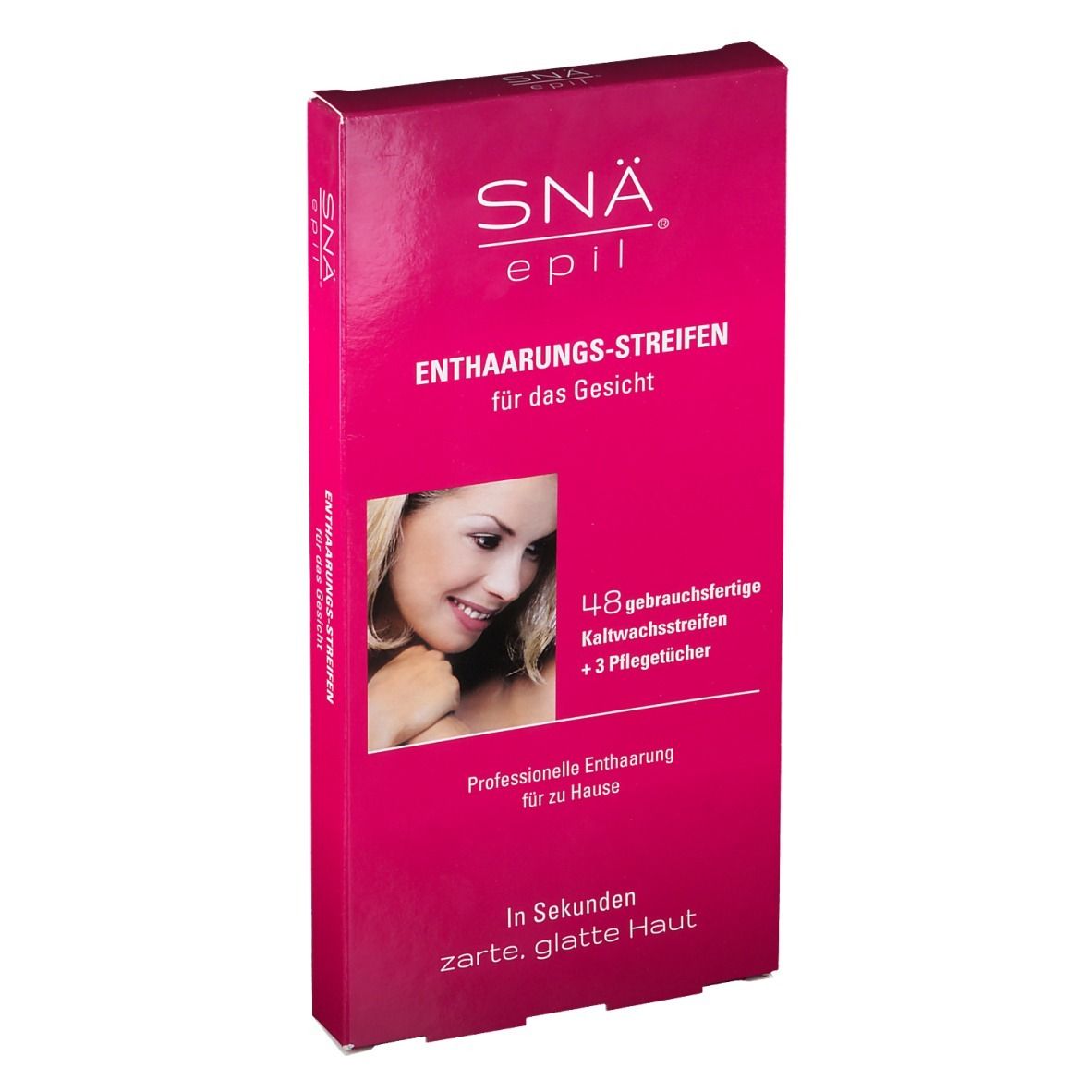Boîte rose avec informations produit. Contient 48 bandes de cire froide et 3 lingettes. Inscription: SNÄ® epil.