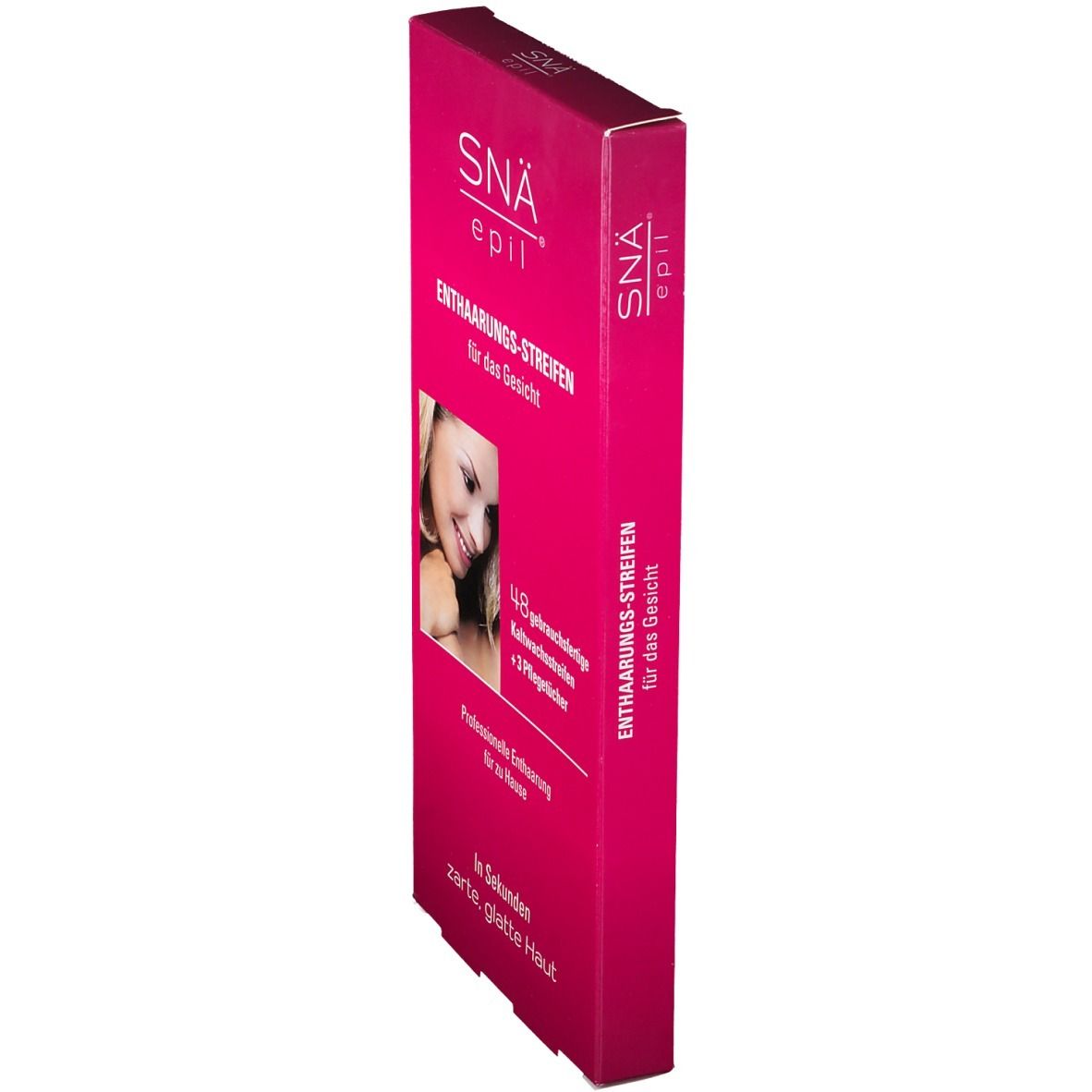 Emballage rose étroit. Inscription: SNÄ® epil, bandes dépilatoires pour le visage. Contient 48 bandes et 3 lingettes.