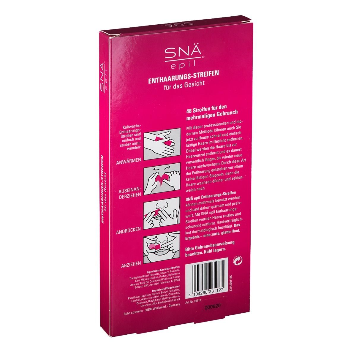 Dos de l'emballage rose. Informations produit, mode d'emploi et ingrédients. Inscription: SNÄ® epil.