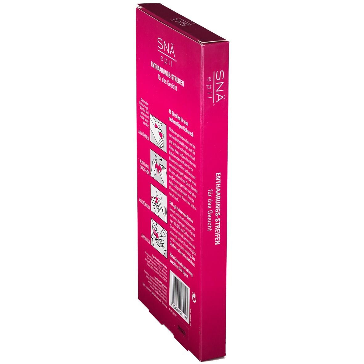 Emballage rose étroit. Inscription: SNÄ® epil, bandes dépilatoires pour le visage. Mode d'emploi.