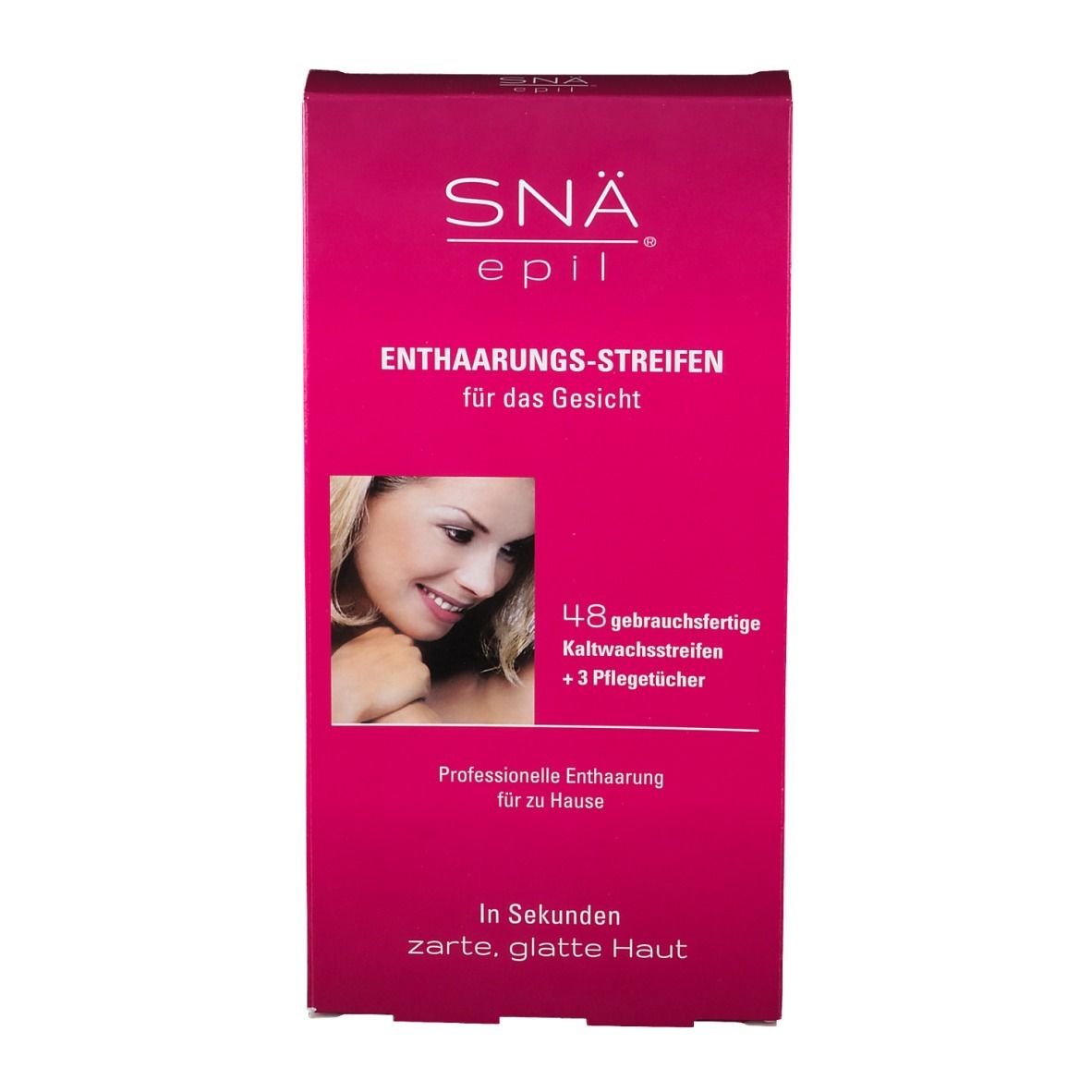 Emballage rose avec informations produit. Inscription: SNÄ® epil, bandes dépilatoires pour le visage. Contient 48 bandes.