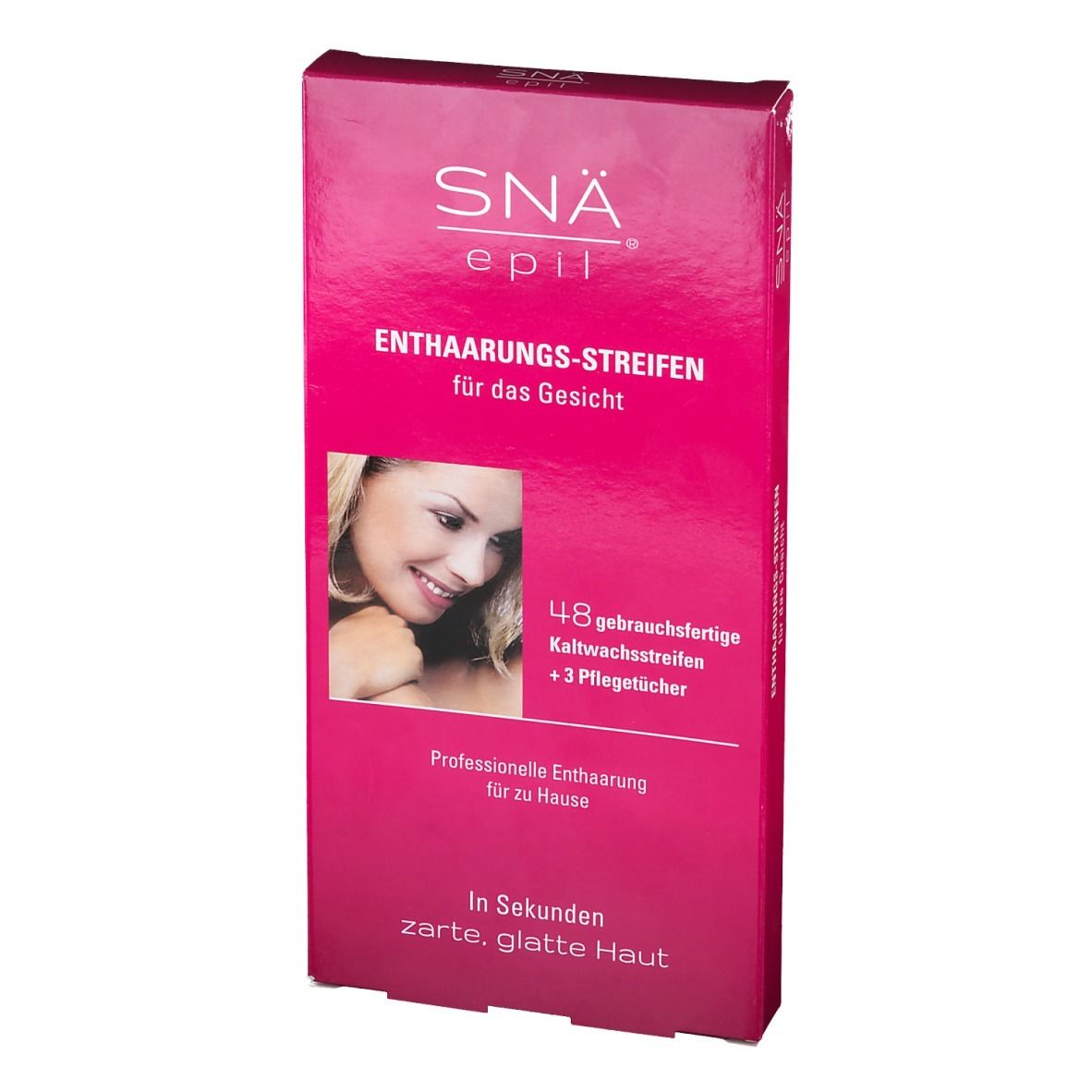 Emballage rose avec informations produit. Inscription: SNÄ® epil, bandes dépilatoires pour le visage. Contient 48 bandes.