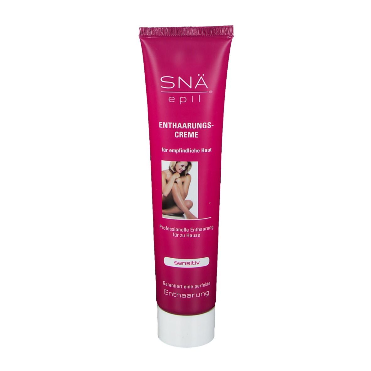 Tube rose avec bouchon blanc. Inscription: SNÄ epil, Crème dépilatoire, pour peaux sensibles. Image d'une femme. 'Sensitiv'.