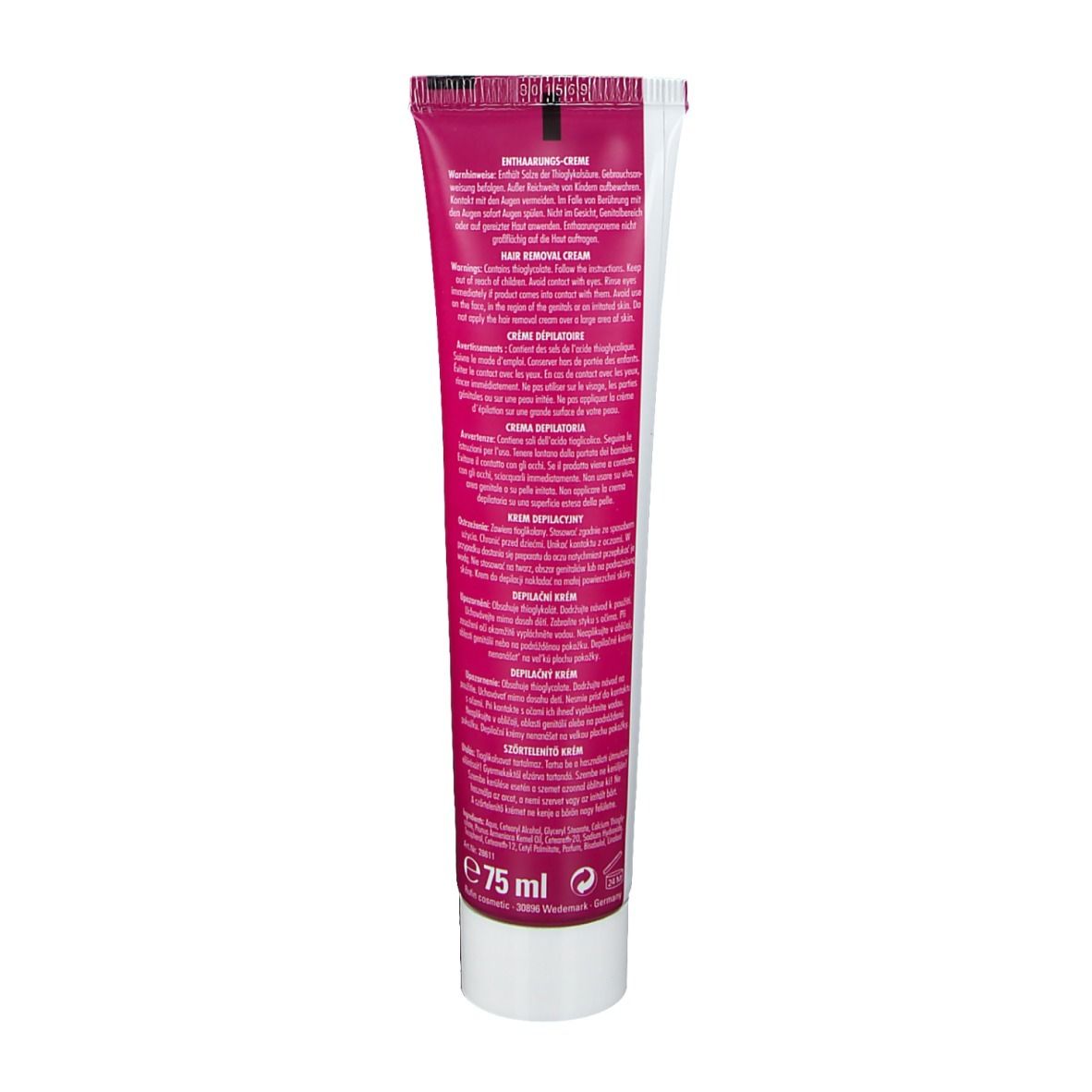Dos d'un tube rose. Texte en plusieurs langues. Inscription: 'Hair removal cream'. Volume: 75 ml.