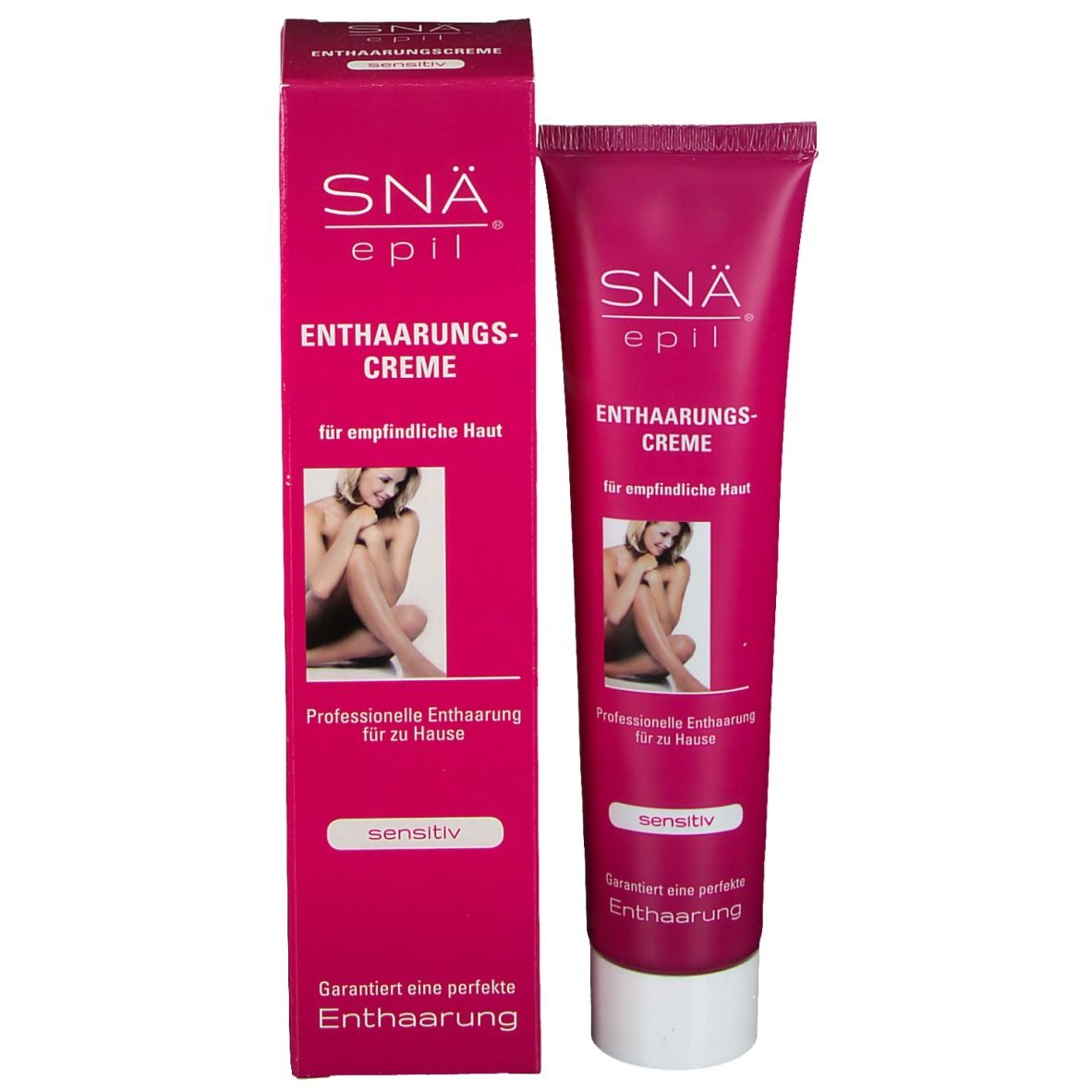 Emballage du produit: Boîte et tube roses. Inscription: SNÄ epil, Crème dépilatoire, pour peaux sensibles. Image d'une femme. 'Sensitiv'.