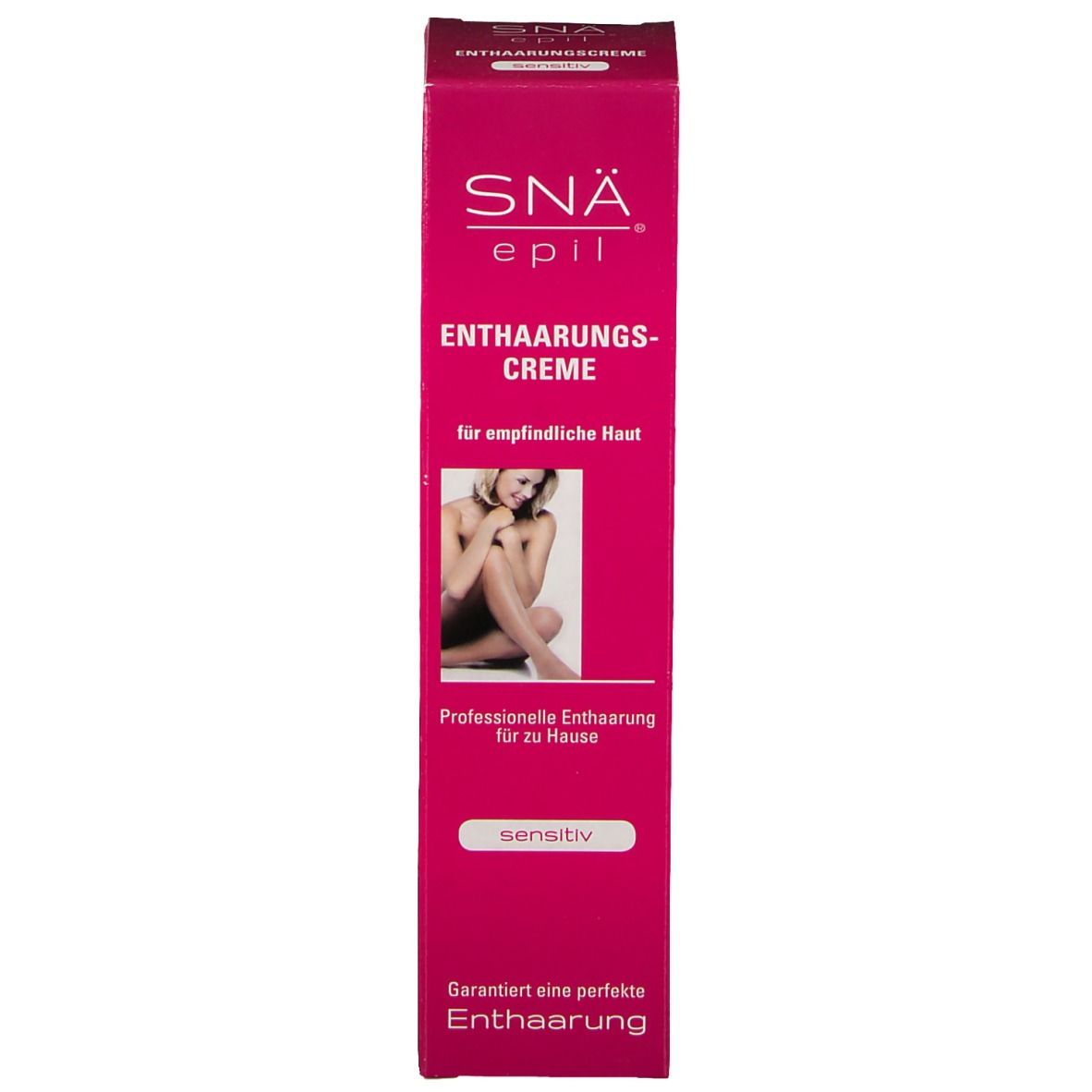 Emballage en carton rose. Inscription: SNÄ epil, Crème dépilatoire, pour peaux sensibles. Image d'une femme. 'Sensitiv'.