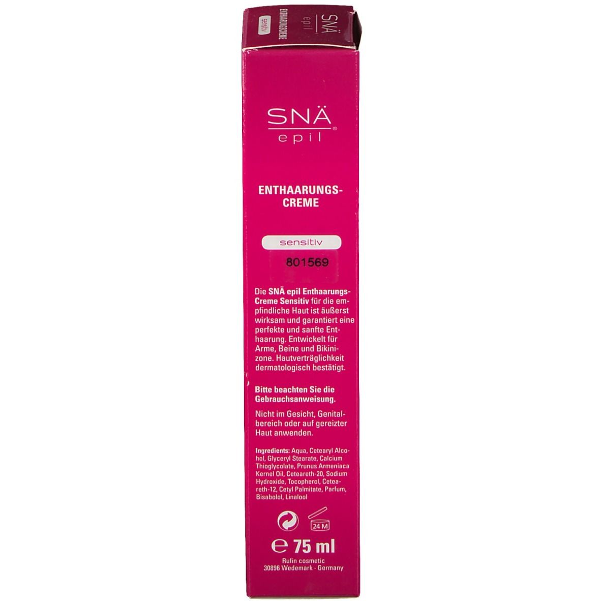 Emballage en carton rose. Inscription: SNÄ epil, Crème dépilatoire, pour peaux sensibles. Texte et informations sur le produit. Volume: 75 ml.