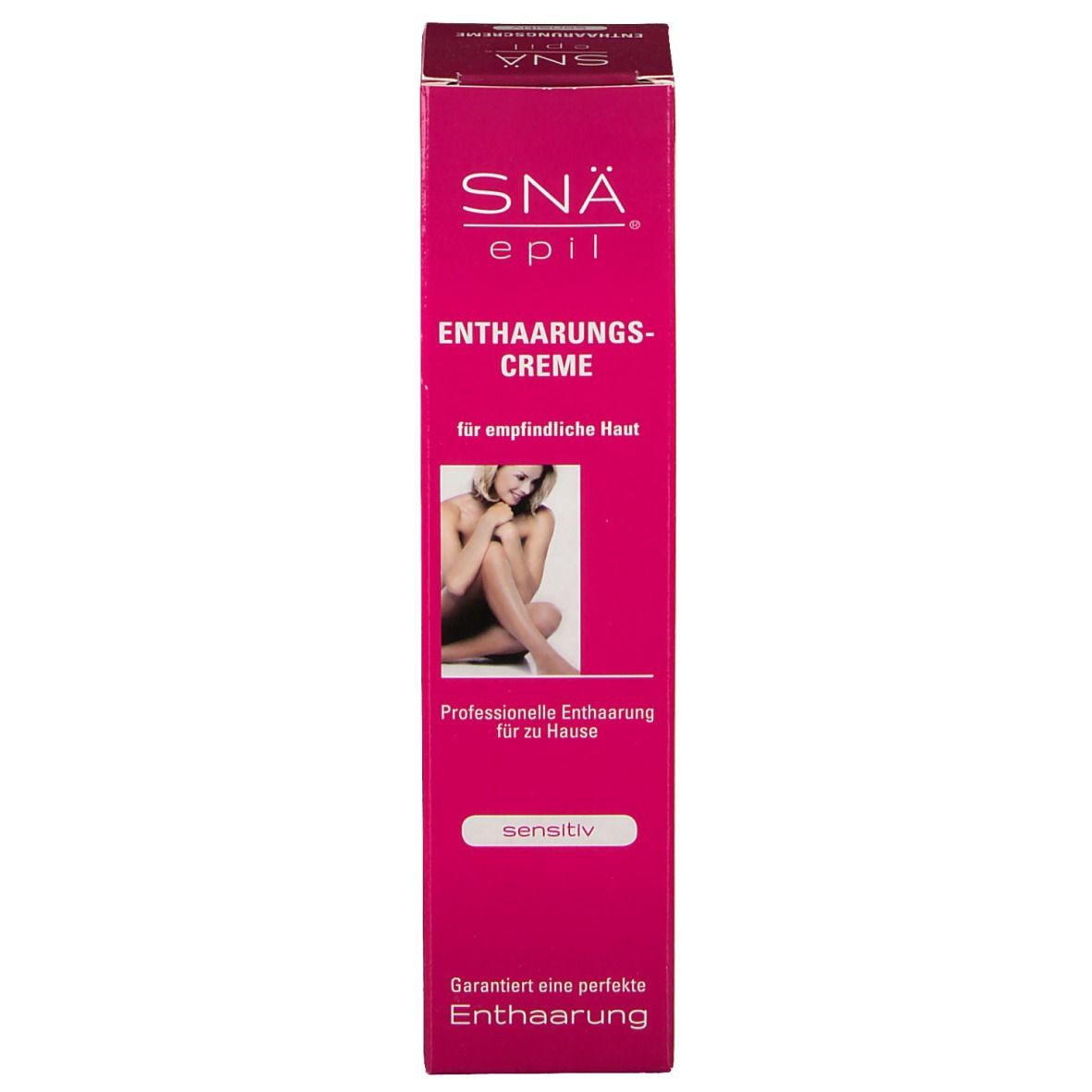Emballage en carton rose. Inscription: SNÄ epil, Crème dépilatoire, pour peaux sensibles. Image d'une femme. 'Sensitiv'.