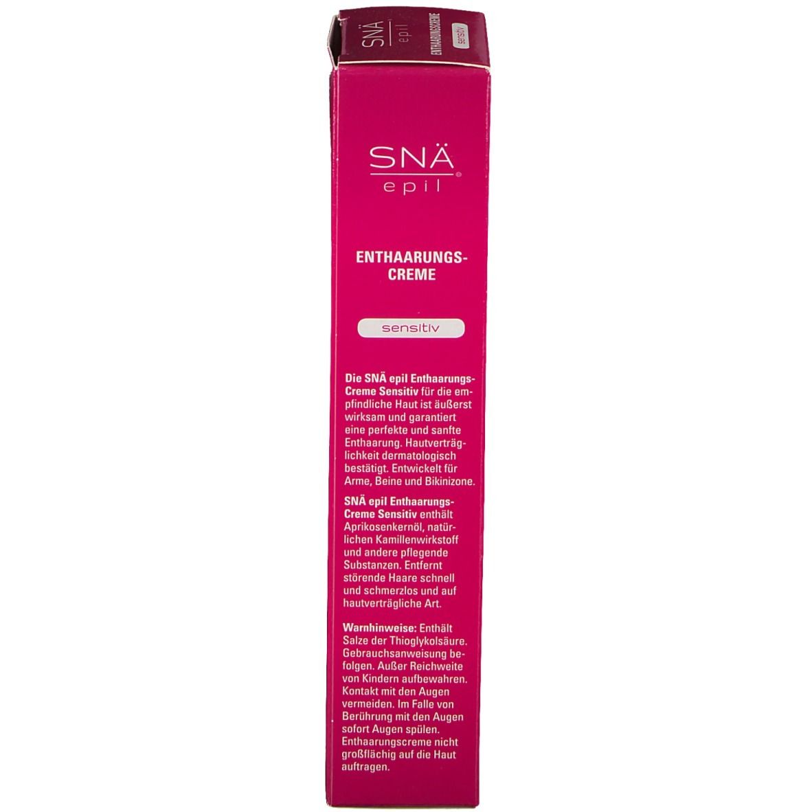 Emballage en carton rose. Inscription: SNÄ epil, Crème dépilatoire, pour peaux sensibles. Texte et informations sur le produit. 'Sensitiv'.