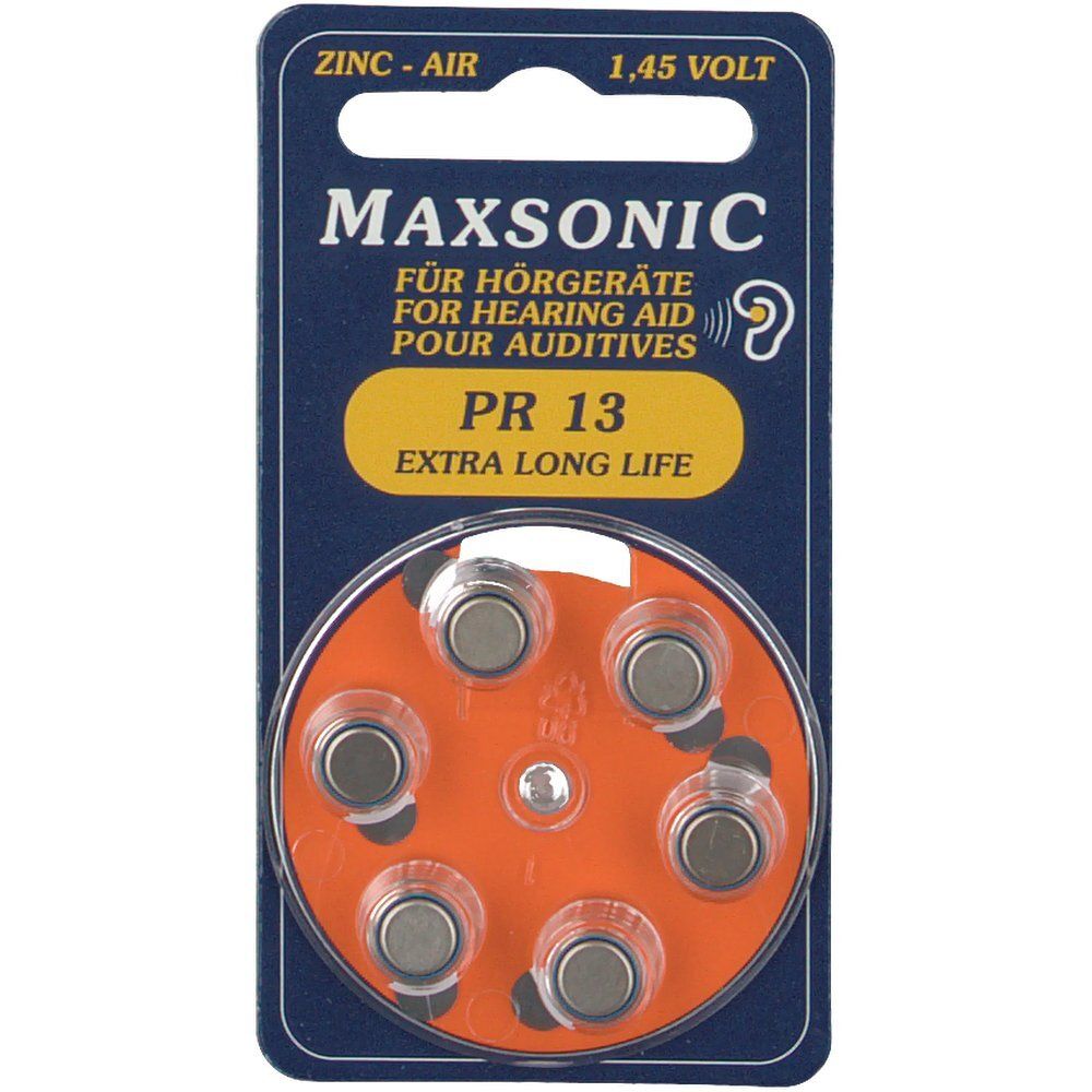 Emballage de six piles auditives Maxsonic PR 13. Inscription : Pour appareils auditifs.