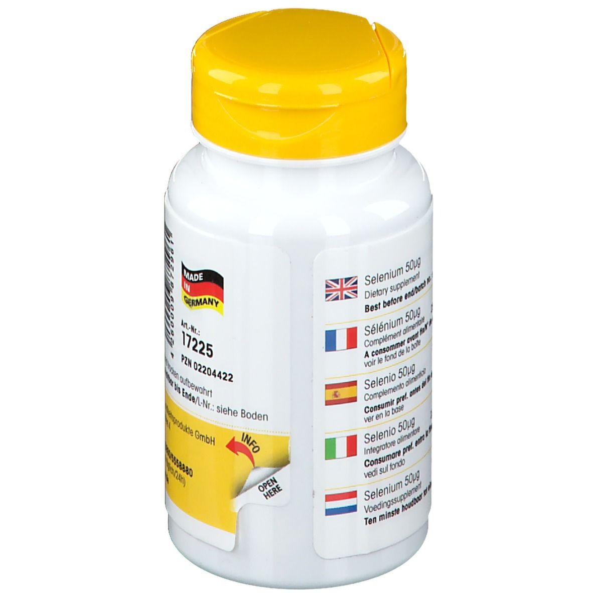 Dos du flacon blanc à bouchon jaune. Informations produit multilingues. Fabriqué en Allemagne.