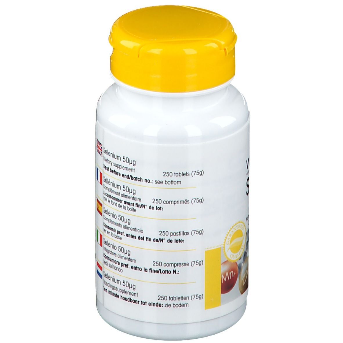 Dos du flacon blanc à bouchon jaune. Informations produit multilingues. Contient 250 comprimés.