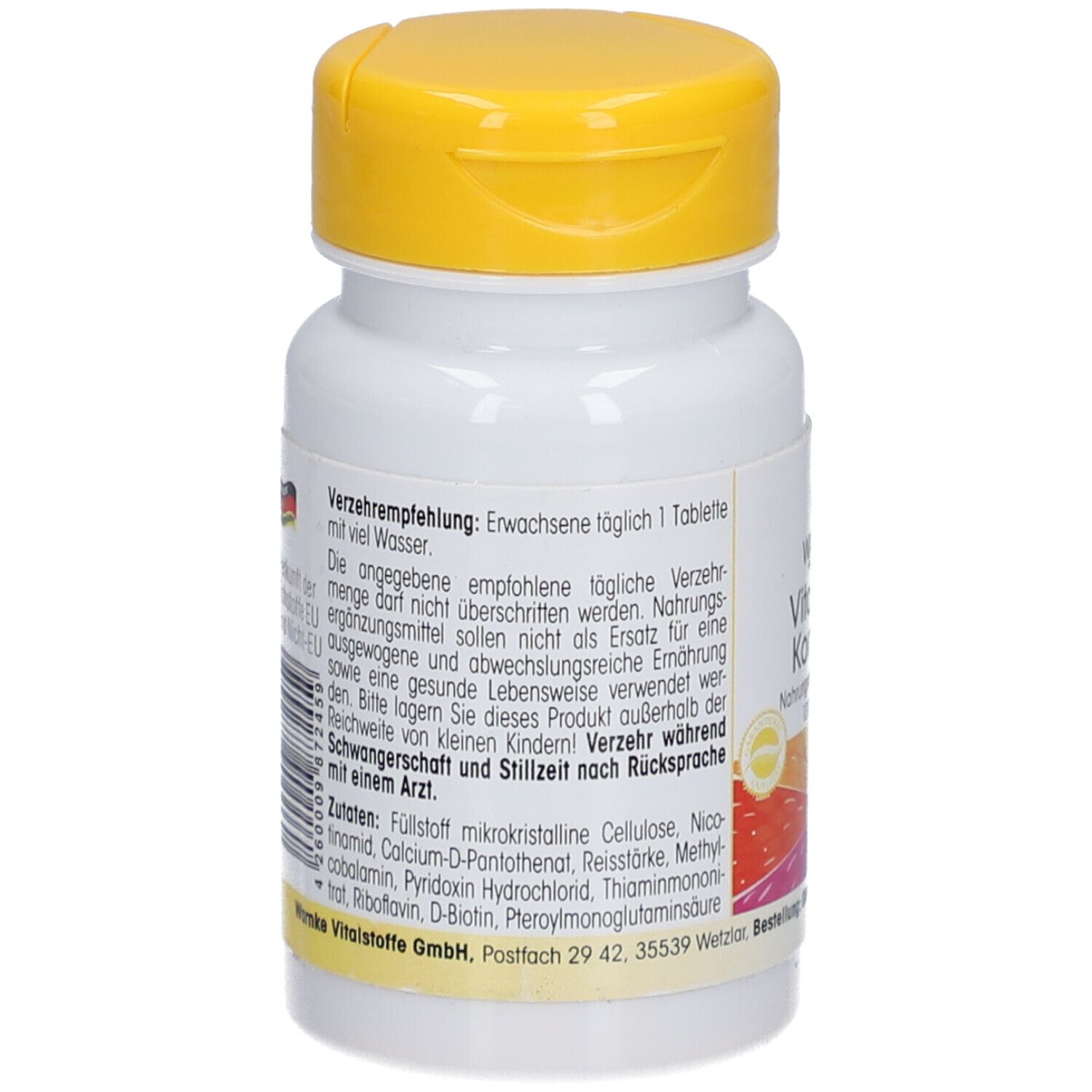 Dos du flacon de comprimés. Texte : Fabriqué en Allemagne. Informations nutritionnelles. Drapeaux multilingues. 45g (100 comprimés).