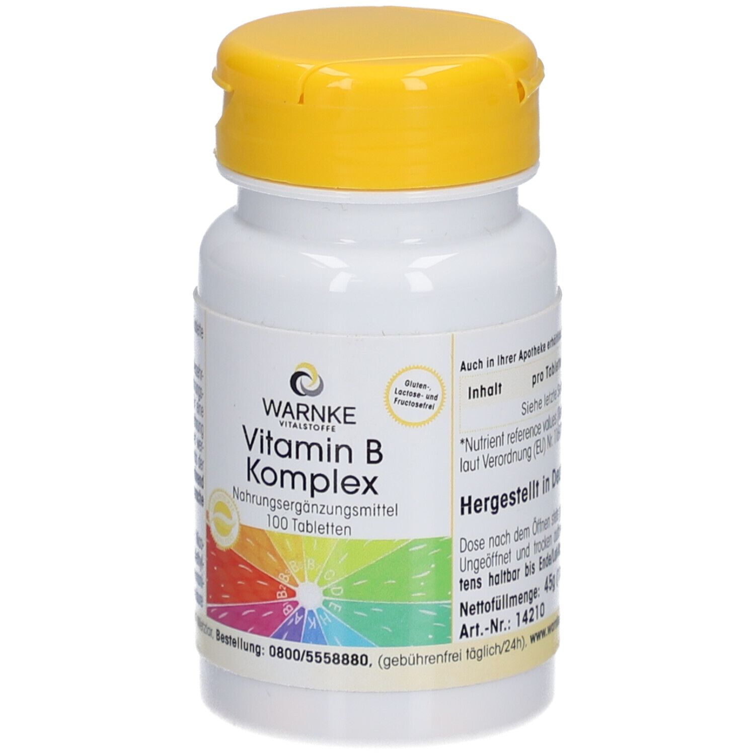 Flacon de comprimés blanc avec couvercle jaune. Inscription : WARNKE Vitamin B Komplex. 100 comprimés. Fond coloré.