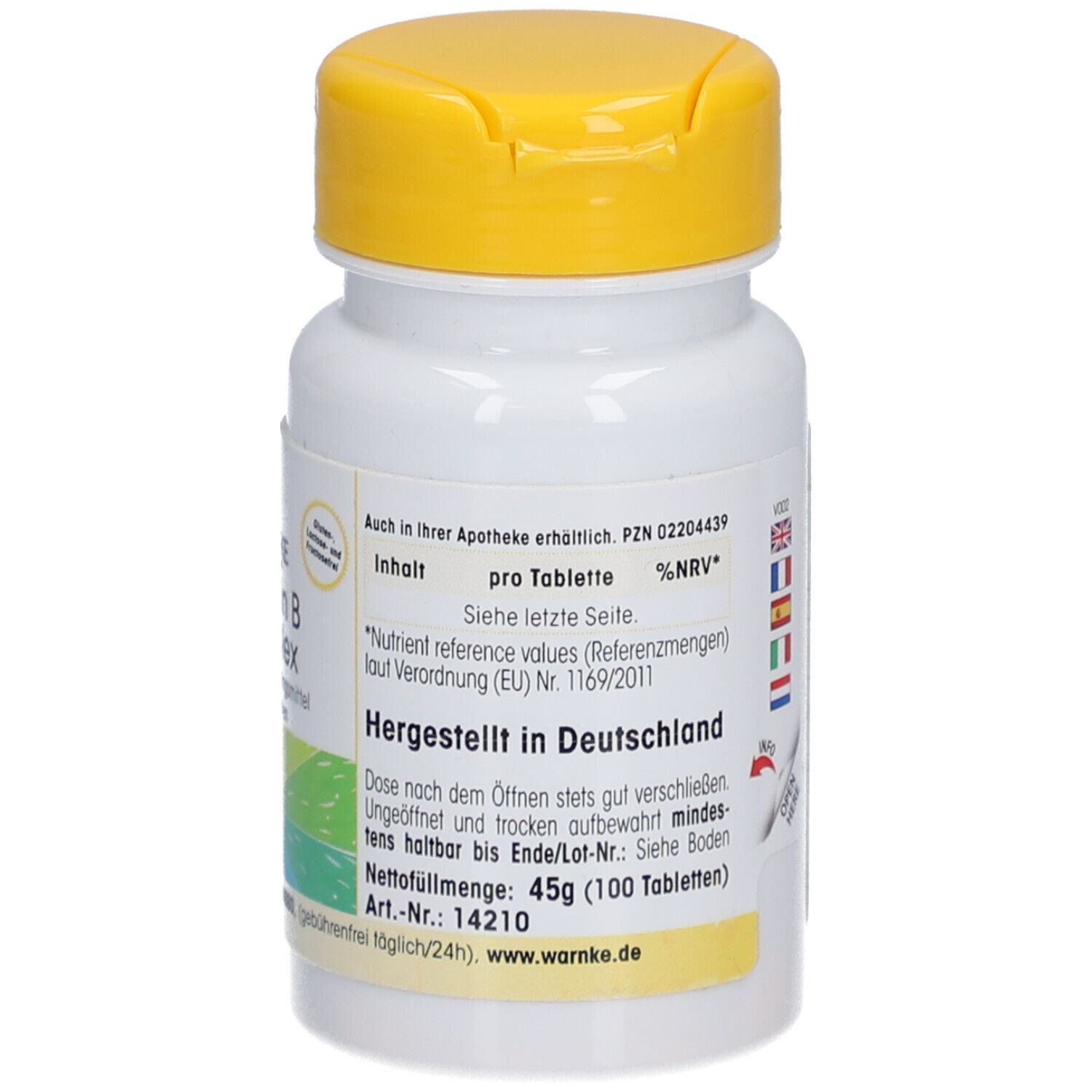 Dos du flacon de comprimés. Texte : Fabriqué en Allemagne. Informations nutritionnelles. Drapeaux multilingues. 45g (100 comprimés).