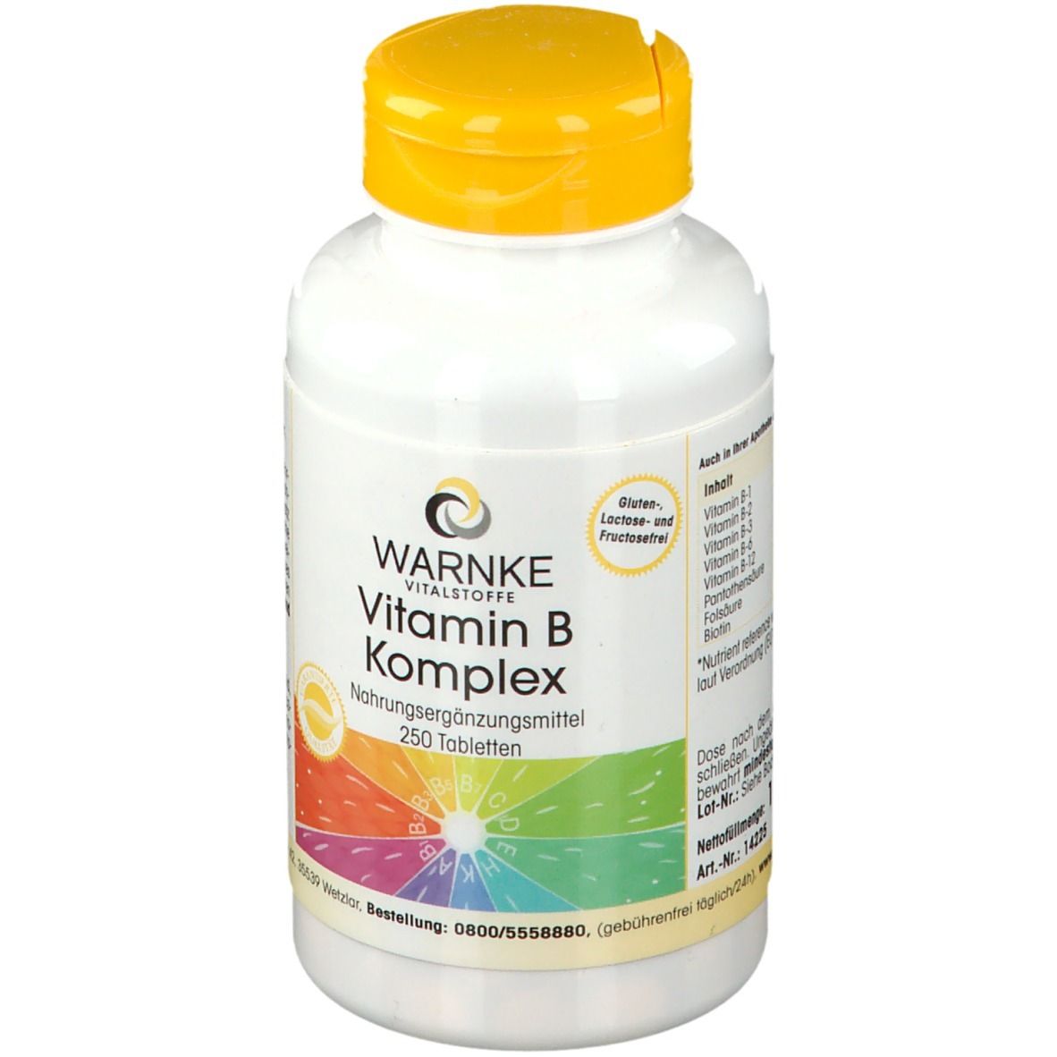 Flacon blanc à bouchon jaune. Inscription: WARNKE Vitamin B Komplex, 250 comprimés. Arc-en-ciel coloré.