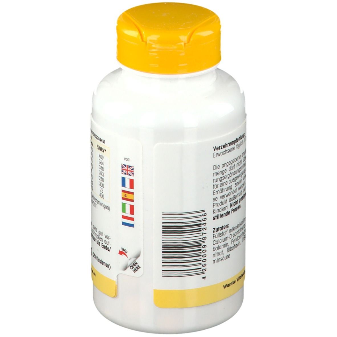 Dos du flacon blanc à bouchon jaune. Code-barres et drapeaux multilingues.