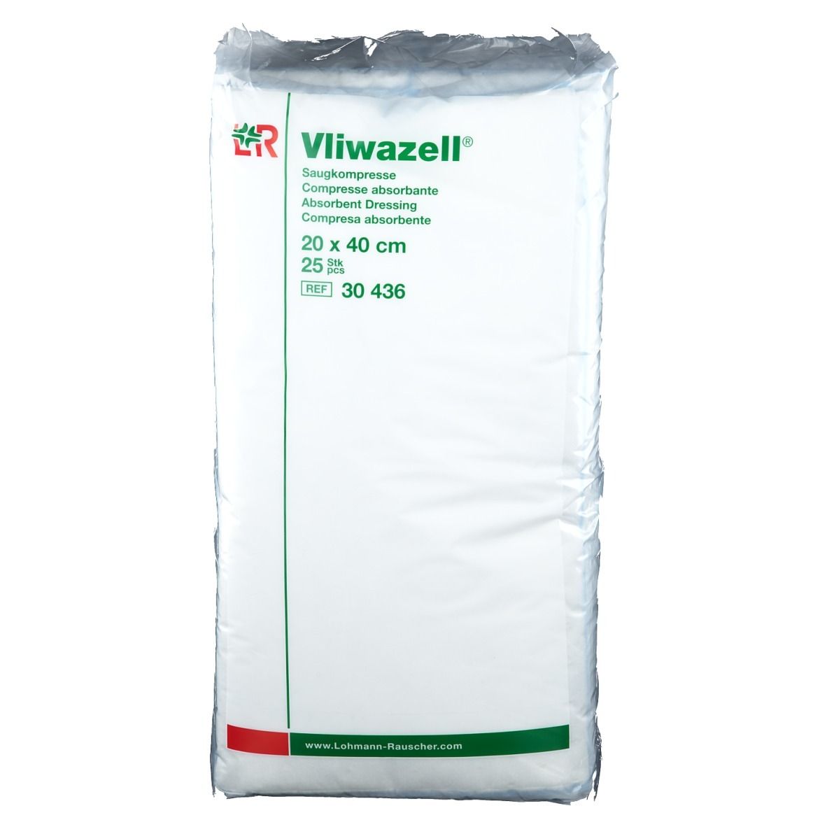 Compresse absorbante Vliwazell®, 20 x 40 cm, emballage plastique. Informations produit et logo visibles.