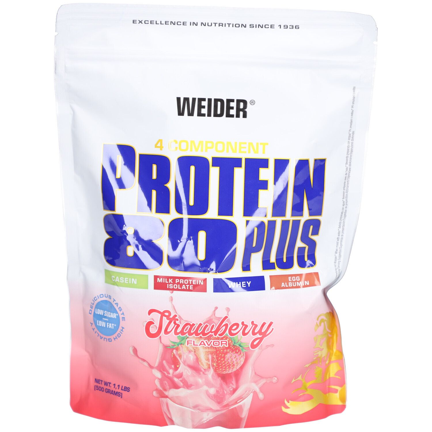 Sachet Weider Protein 80 Plus, goût fraise. Contient caséine, protéine de lait, whey et albumine d'œuf. Inscription : 80 ans d'excellence.