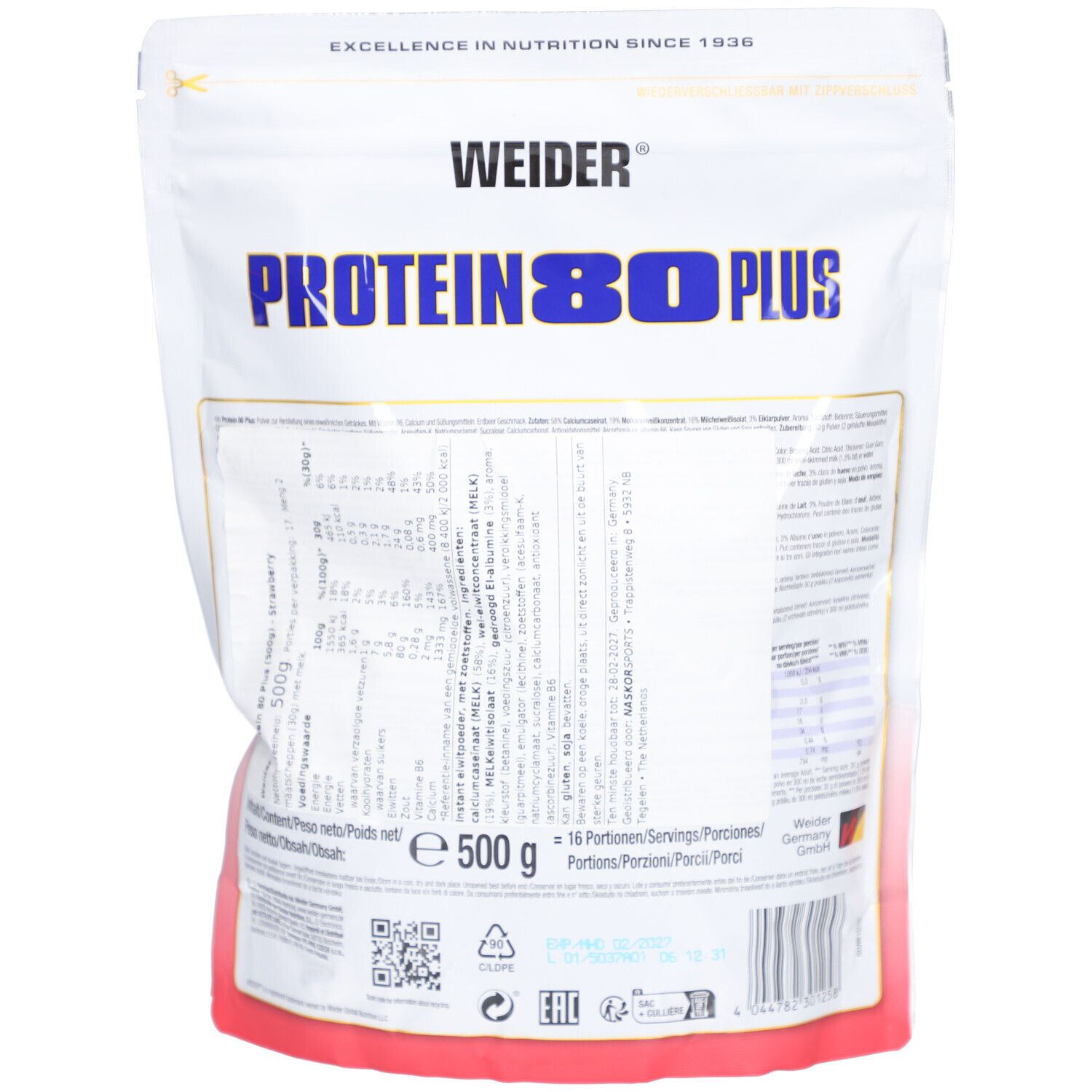 Dos du sachet Weider Protein 80 Plus. Contient informations nutritionnelles et texte. Poids net : 500 g. 16 portions.