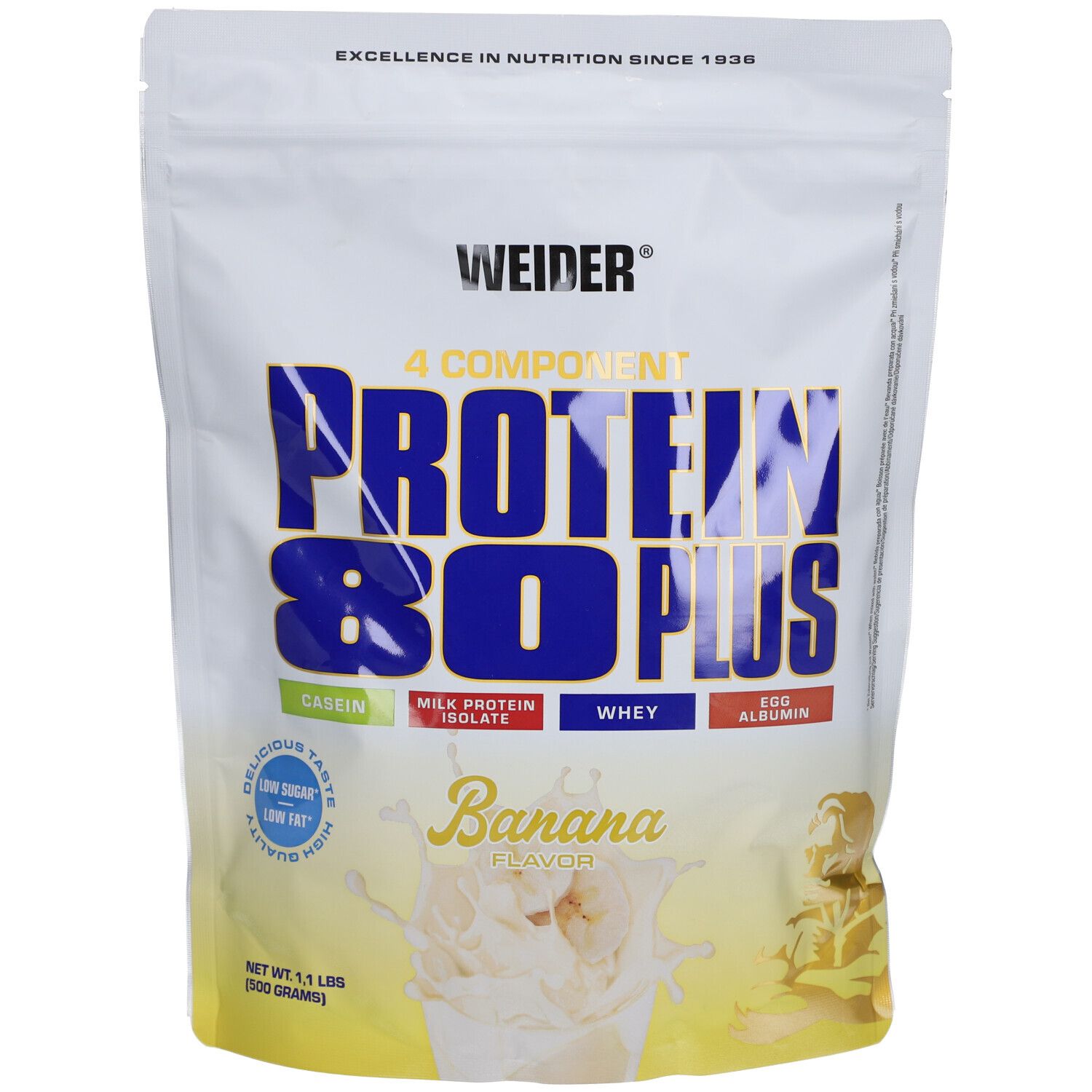 Weider Protein 80 Plus, Banane, poudre. Emballage bleu avec nom du produit et ingrédients. Paquet de 500g.